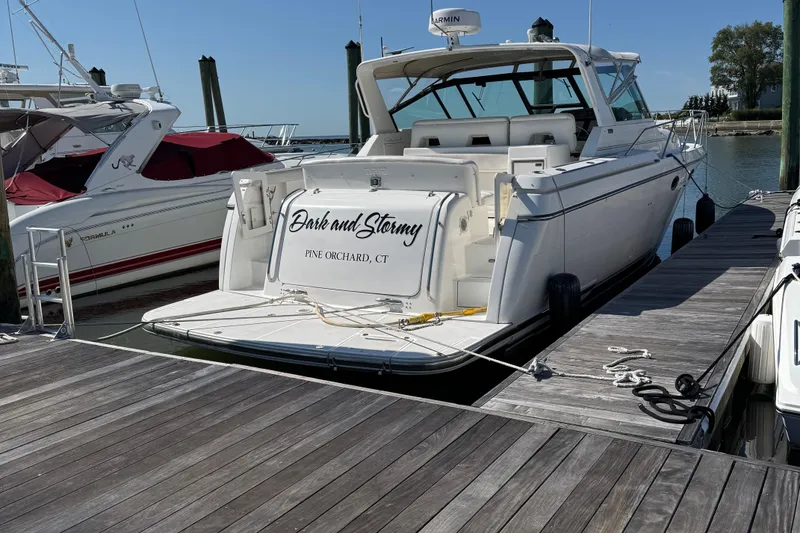 Slide: The Image of 2000 Tiara Yachts 3500 Express docked at marina, Pine Orchard, CT. - 7