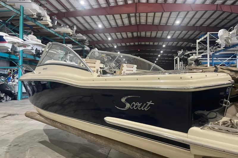Slide: The Image of 2008 Scout 242 Dorado boat in storage facility, side view. - 4