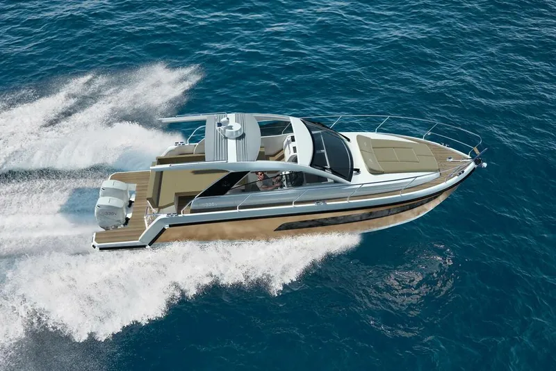 Slide: The Image of 2026 Sealine S335V yacht cruising on open blue water. - 0