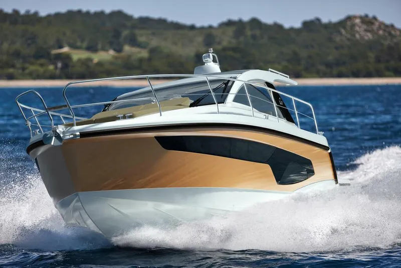 Slide: The Image of 2026 Sealine S335V yacht cruising on open water, showcasing sleek design and performance. - 1
