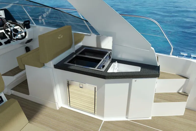 Slide: The Image of 2026 Sealine S335V yacht interior with modern kitchenette and ocean view. - 11