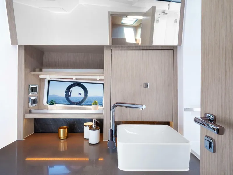 Slide: The Image of Modern bathroom interior of 2026 Sealine S335V yacht with sleek design and ocean view. - 14
