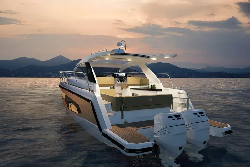 Slide: The Image of 2026 Sealine S335V yacht on serene water at sunset, showcasing sleek design and twin engines. - 2