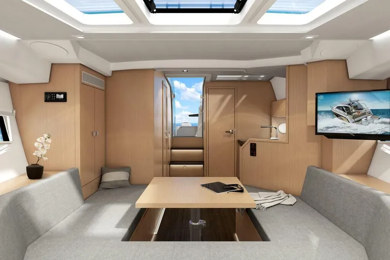 Slide: The Image of Luxurious interior of 2026 Sealine S335V yacht with modern furnishings and natural light. - 20