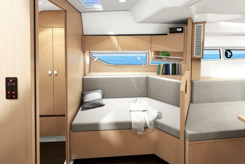 Slide: The Image of Interior of 2026 Sealine S335V yacht, featuring modern seating and ocean view. - 22