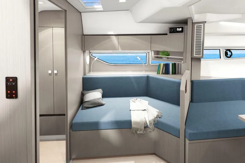 Slide: The Image of Modern interior of 2026 Sealine S335V yacht with blue seating and ocean view. - 25