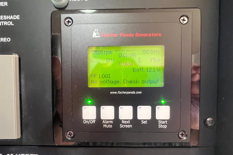 Slide: The Image of Fischer Panda generator display on 2020 Scout 380 LXF boat, showing operational metrics. - 55
