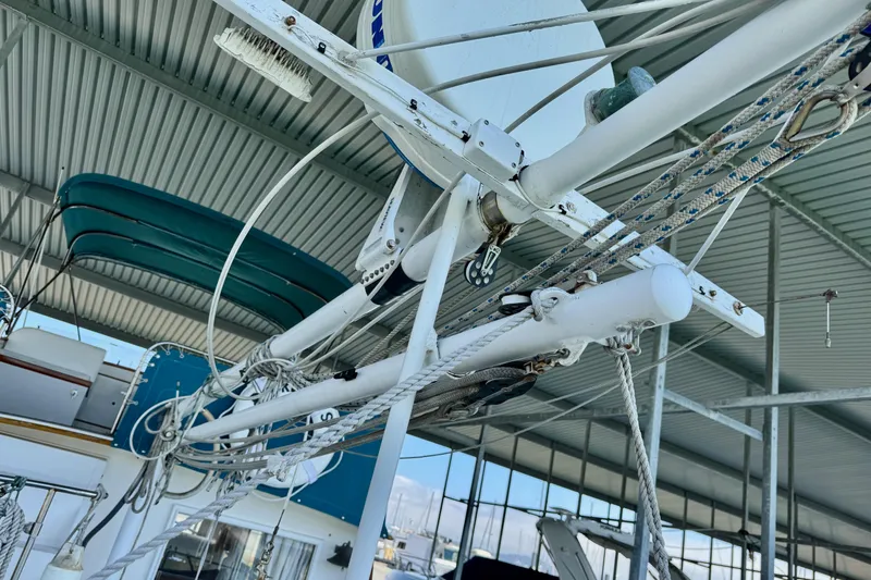 Slide: The Image of 1978 Grand Banks Classic yacht rigging and equipment under a covered dock. - 62