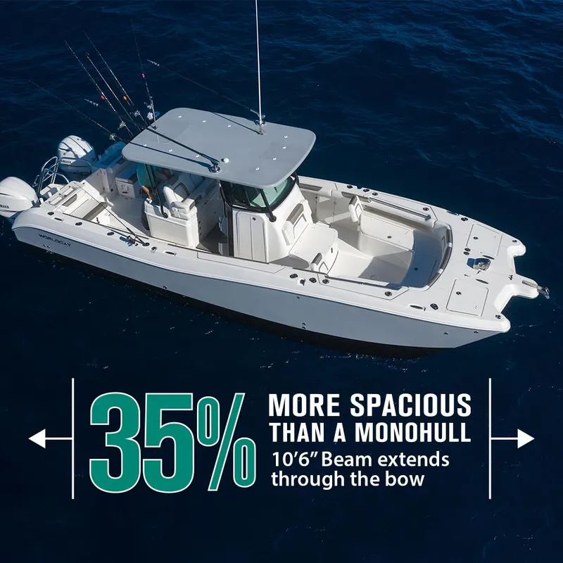 Slide: The Image of 2026 World Cat 325CC boat, 35% more spacious than a monohull, on open water. - 1