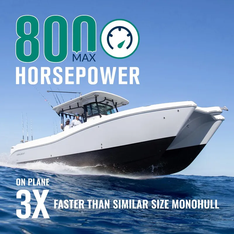 Slide: The Image of 2026 World Cat 325CC boat with 800 max horsepower, 3x faster than similar monohulls. - 2