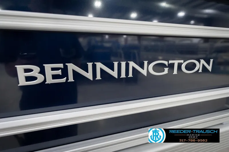 Slide: The Image of Close-up of 2026 Bennington 20 SFC boat logo with dealership contact information. - 60