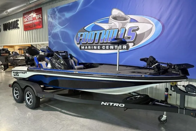 Slide: The Image of 2026 Nitro Z18 Pro boat displayed at Foothills Marine Center showroom. - 4