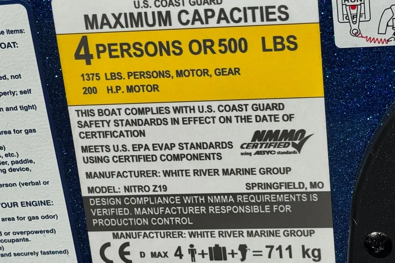 Slide: The Image of Label on 2022 Nitro Z19 boat showing maximum capacity and safety compliance details. - 21