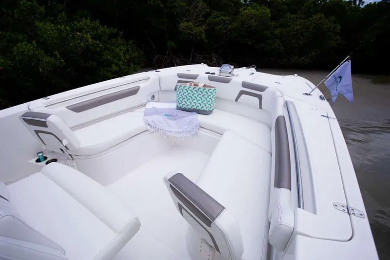 Slide: The Image of 2026 World Cat 295CC boat interior with white seating and decorative pillows. - 24