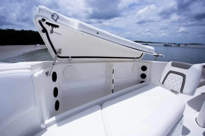 Slide: The Image of 2026 World Cat 295CC boat with open storage compartment, white seating, and scenic water view. - 26