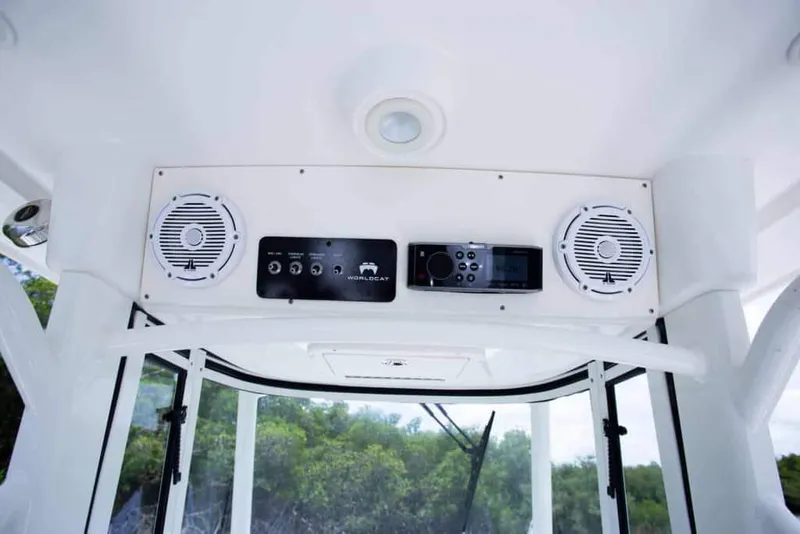 Slide: The Image of 2026 World Cat 295CC boat console with speakers and control panel. - 29