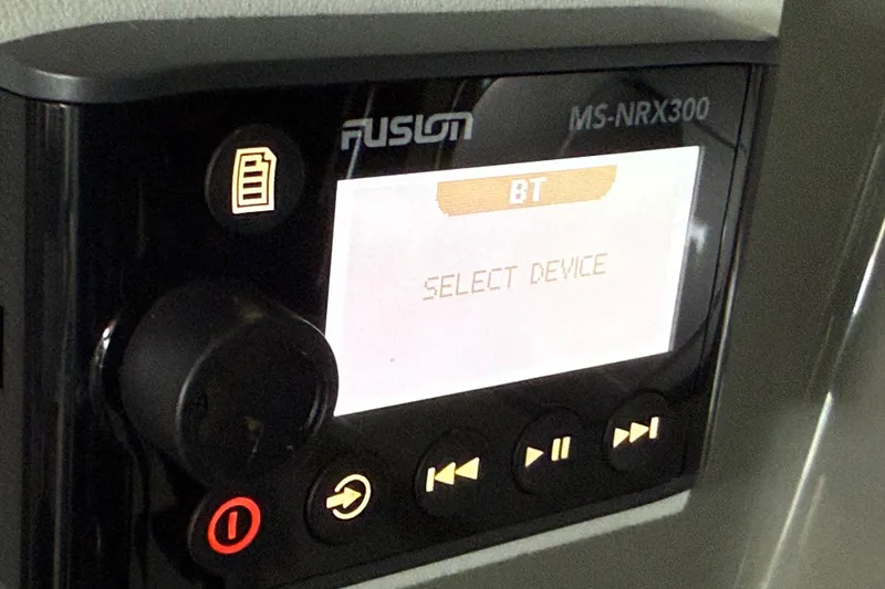 Slide: The Image of Fusion MS-NRX300 audio control panel on 2014 Sea Ray 580 Sundancer yacht. - 49