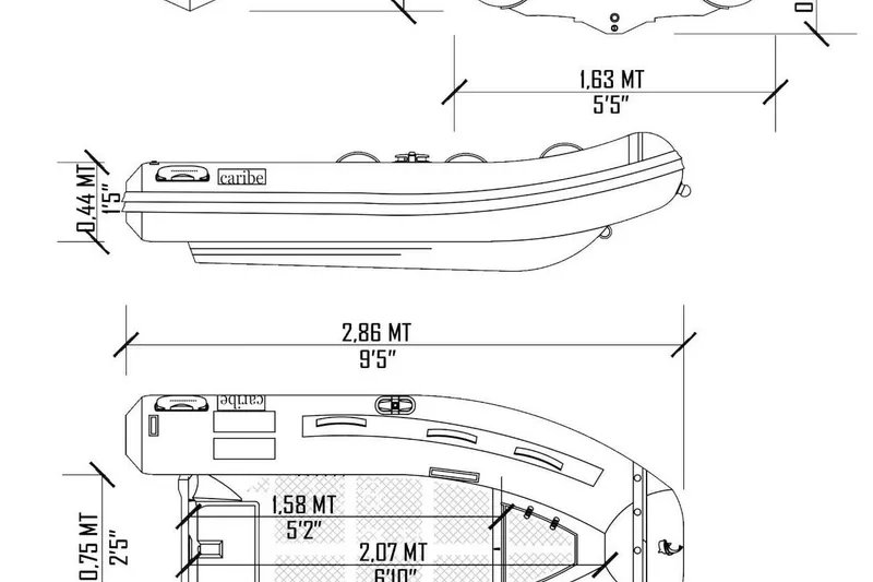Slide: The Image of Blueprint of 2025 Caribe C9X boat with detailed dimensions and design features. - 10