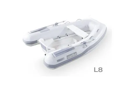 The Image of 2025 Caribe L8 inflatable boat, white with gray accents, side view. - 0