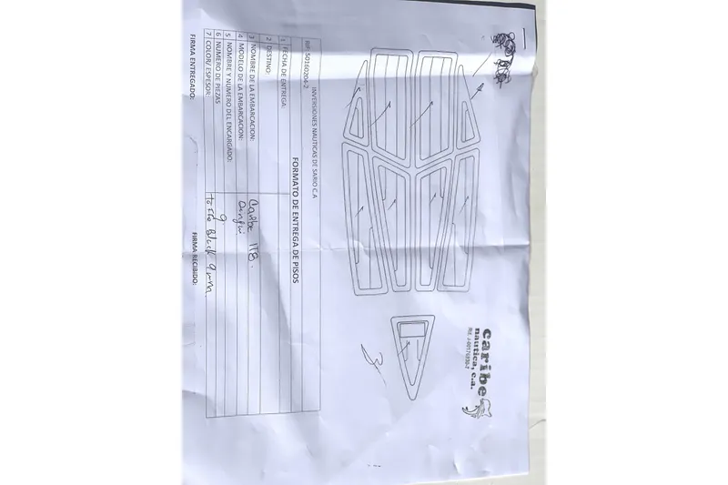 Slide: The Image of Blueprint of Caribe L8 2025 boat floor plan with delivery form details. - 12