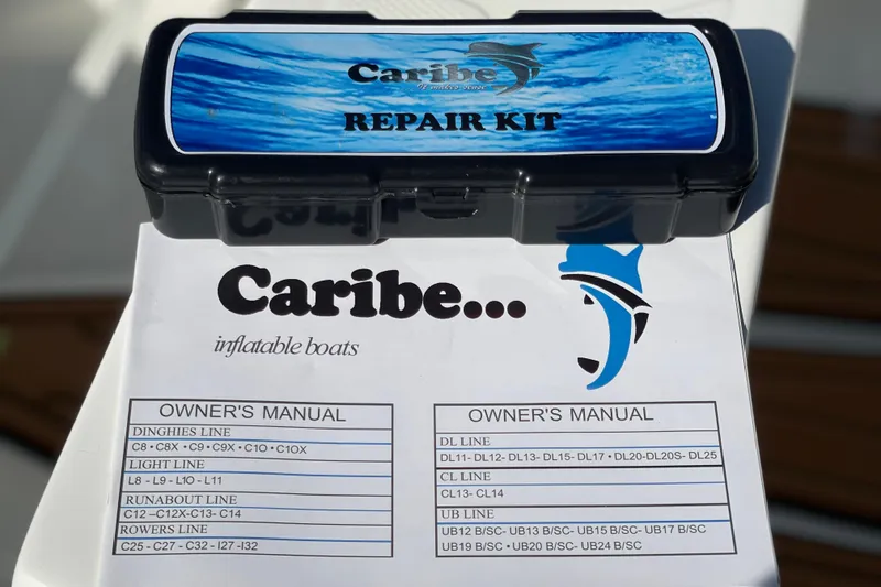 Slide: The Image of Caribe L8 2025 repair kit and owner's manual for inflatable boats. - 26
