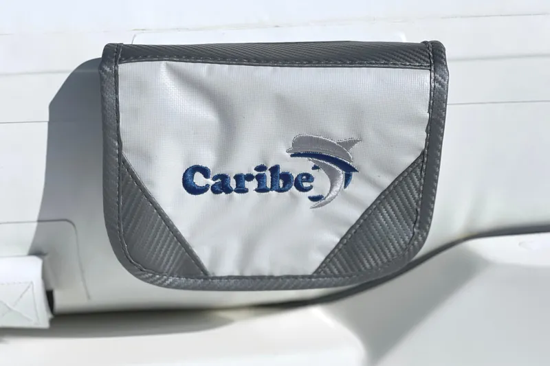 Slide: The Image of Caribe L8 2025 logo on a gray and white fabric pouch. - 8