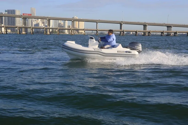 Slide: The Image of Man driving Caribe DL11 boat on water near city bridge, 2025 model. - 38