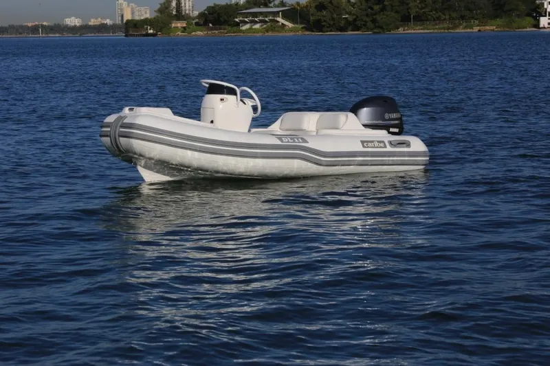 Slide: The Image of 2025 Caribe DL11 inflatable boat on calm water, cityscape in background. - 45
