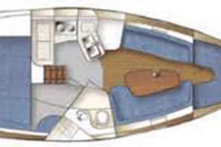 Slide: The Image of 2005 Catalina 320 yacht interior layout with kitchen, seating, and sleeping areas. - 10