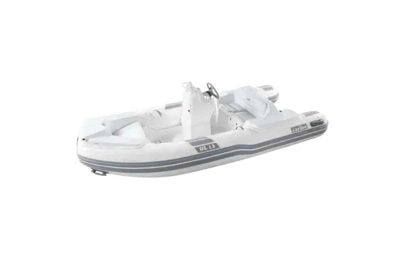 The Image of 2025 Caribe DL13 inflatable boat, white with gray accents, side view. - 0