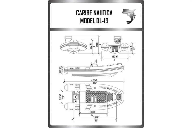 Slide: The Image of Blueprint of Caribe Nautica DL-13 boat, 2025 model, with detailed dimensions and design. - 2