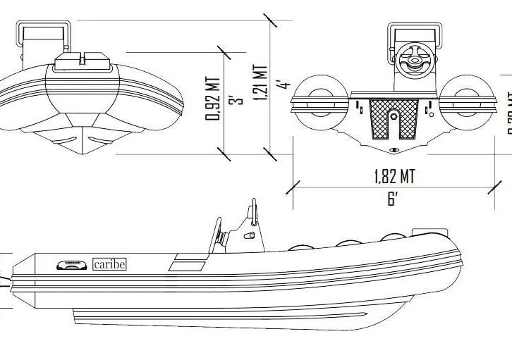 Slide: The Image of Blueprint of 2025 Caribe DL13 inflatable boat with dimensions and design details. - 7