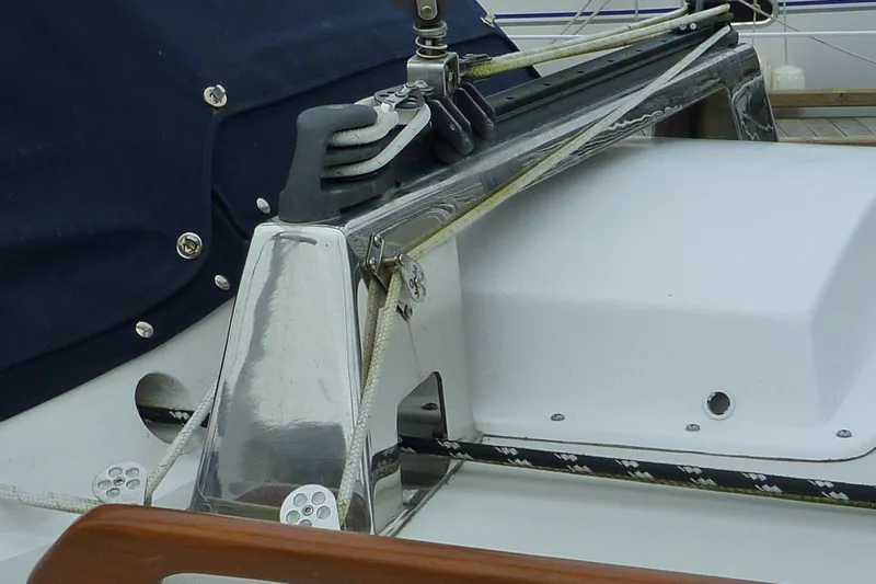 Slide: The Image of Close-up of 1987 Bristol 35.5 sailboat deck hardware and rigging details. - 10