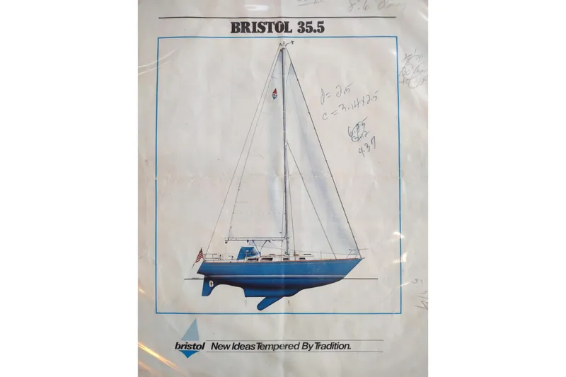 Slide: The Image of Illustration of a 1987 Bristol 35.5 sailboat with handwritten notes. - 32