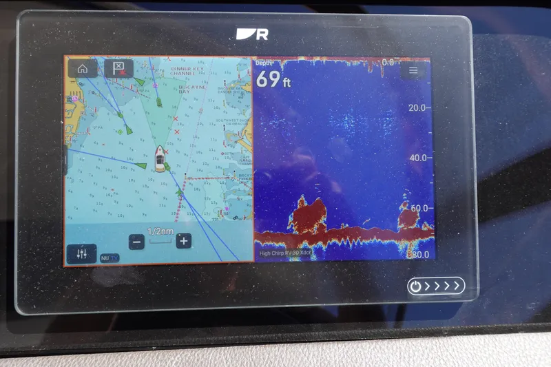 Slide: The Image of Navigation and sonar display on 2018 Sea Ray SLX 310 Outboard boat. - 16