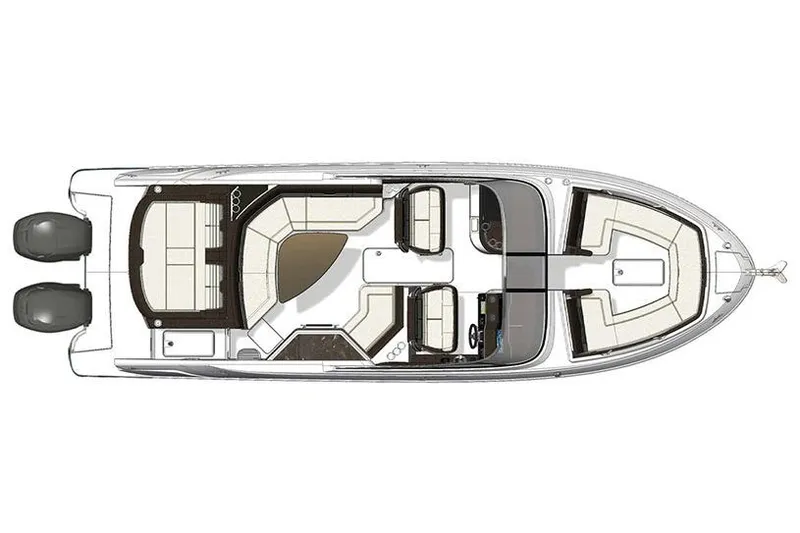 Slide: The Image of Manufacturer Provided Image: Top view of 2018 Sea Ray SLX 310 OB boat layout with twin outboard engines. - 4