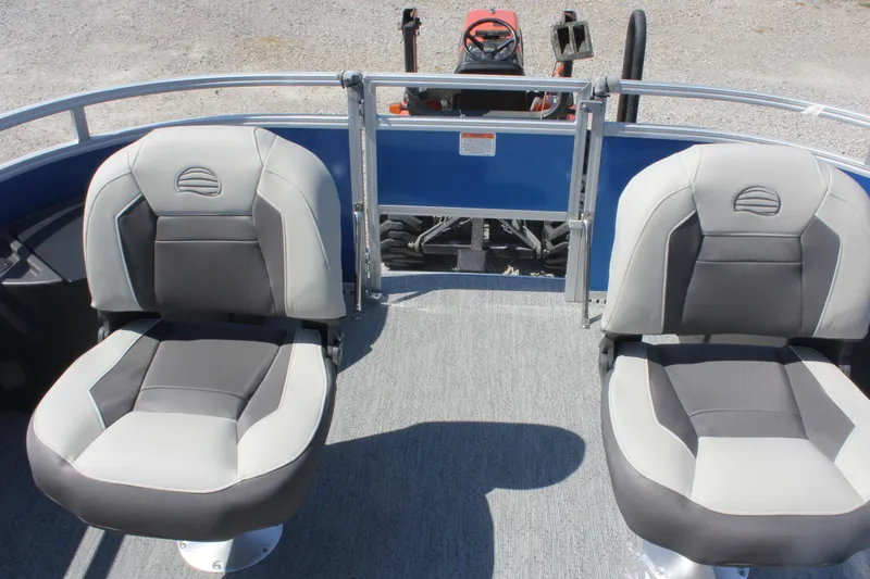 Slide: The Image of 2026 Sun Tracker Fishin' Barge 20 DLX with two cushioned seats on deck. - 10
