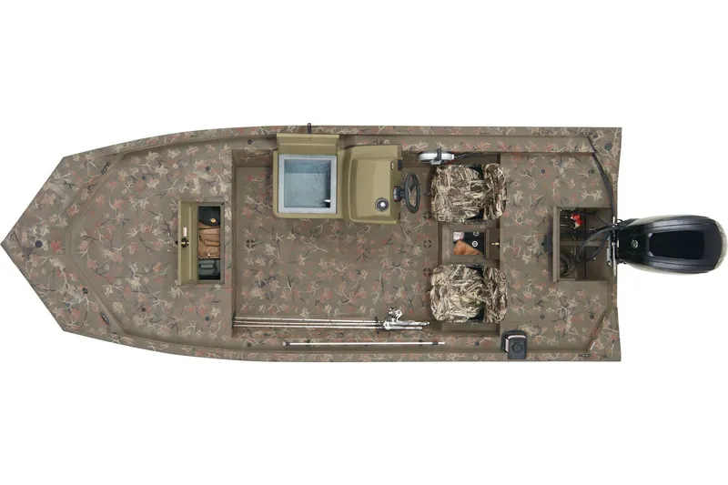 Slide: The Image of 2026 Tracker Grizzly 1754 SC boat with camouflage seats on a paved road. - 5