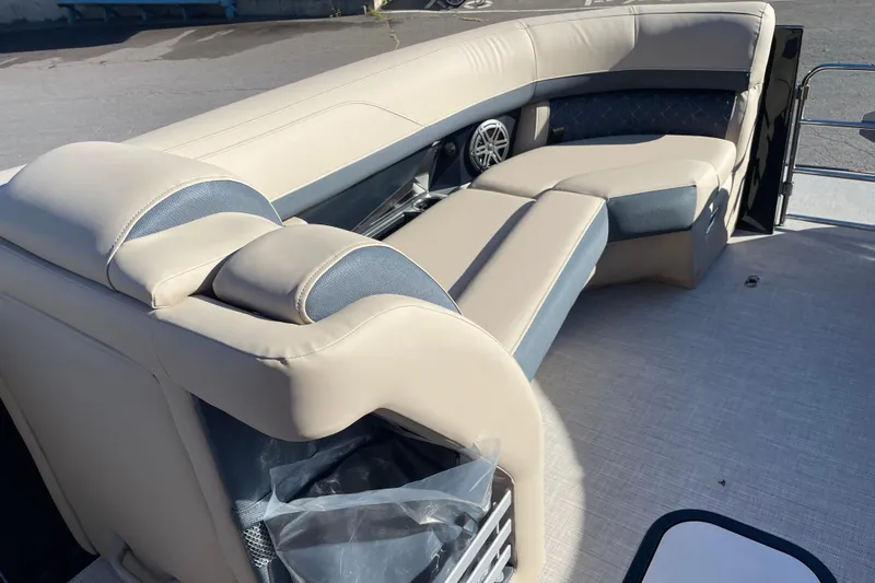 Slide: The Image of Luxurious seating on 2026 Harris Grand Mariner 230 SL pontoon boat, featuring elegant upholstery. - 12
