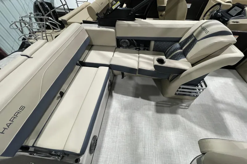 Slide: The Image of 2026 Harris Grand Mariner 230 SL interior with luxurious seating and modern design. - 22