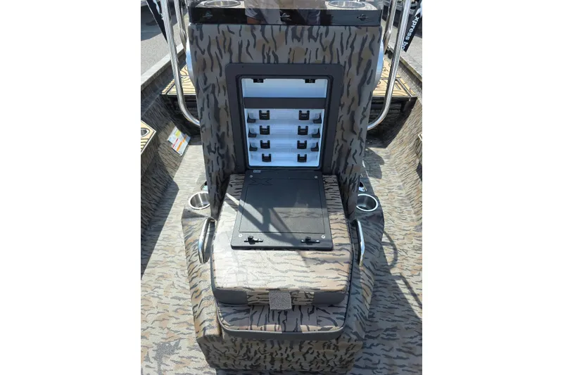 Slide: The Image of 2026 Xpress H22B Bay boat interior with camouflage design and storage compartments. - 21