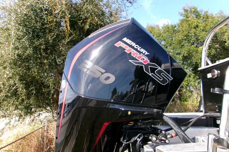Slide: The Image of Mercury Pro XS 250 outboard engine on 2025 Avalon 2585 Quad Lounger boat. - 22