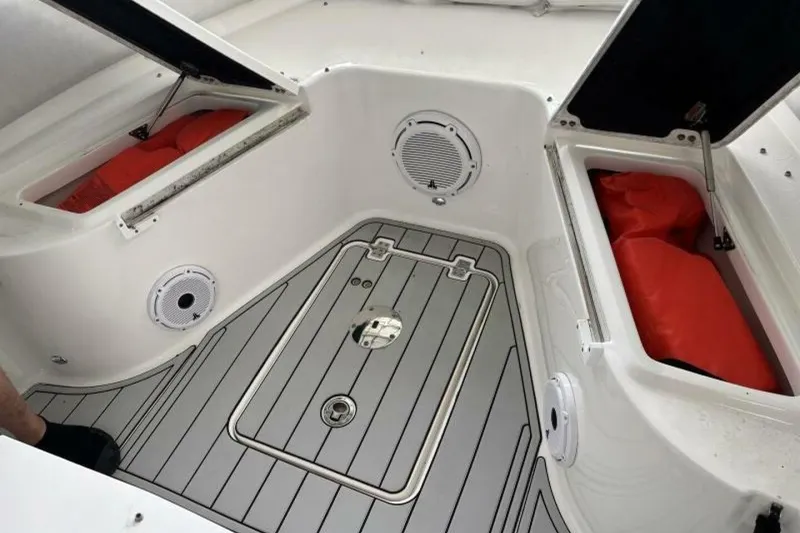 Slide: The Image of 2021 Sea Fox 288 Commander boat interior with storage compartments and speakers. - 44