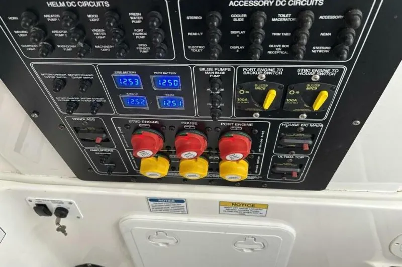Slide: The Image of Control panel of a 2021 Sea Fox 288 Commander boat with various switches and battery indicators. - 66