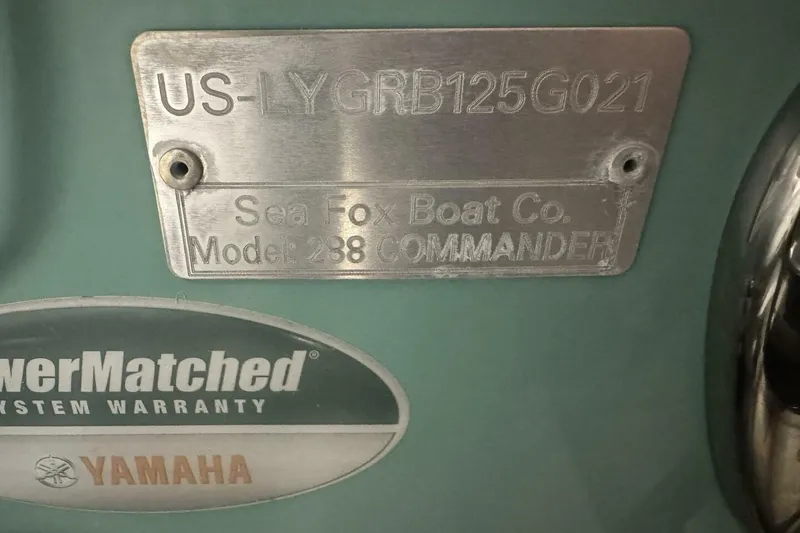 Slide: The Image of 2021 Sea Fox 288 Commander boat identification plate with Yamaha warranty sticker. - 87