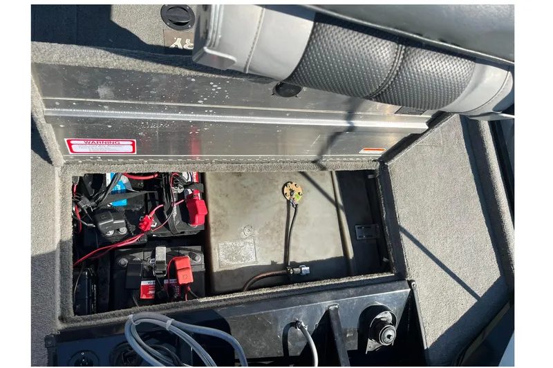 Slide: The Image of 2008 Tracker Pro Team 175 TXW boat battery compartment with wiring and components. - 18