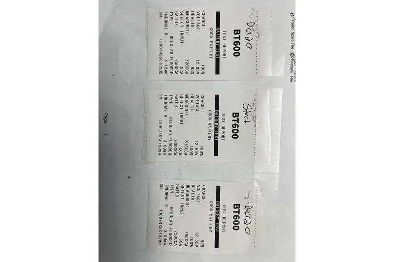 Slide: The Image of Battery test reports for Tracker Pro Team 175 TXW, 2008 model, showing good battery status. - 24