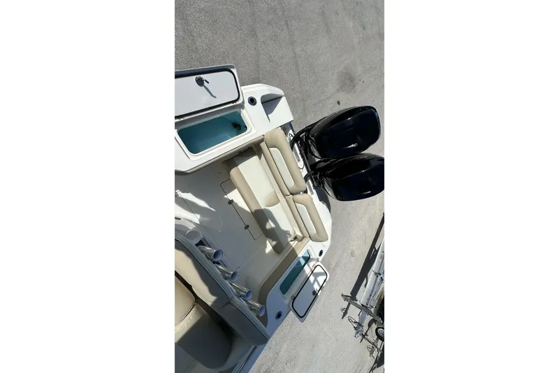 Slide: The Image of Overhead view of 2012 Blackwood 270 boat with dual engines and seating area. - 16