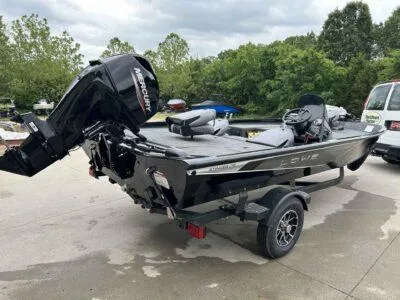 Slide: The Image of 2025 Lowe Stinger 175 Crappie boat with Mercury engine on trailer. - 3