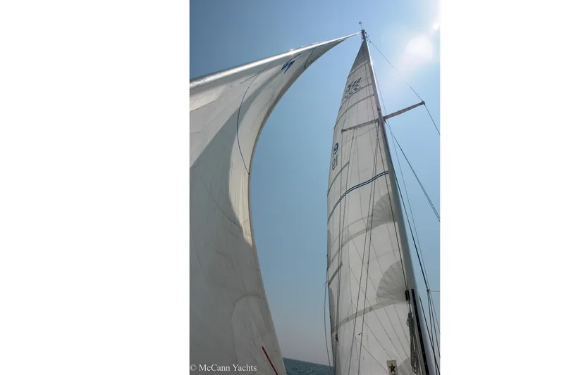 Slide: The Image of Sails of a 1984 Sabre 32 Aft-Cabin yacht against a clear blue sky. - 12